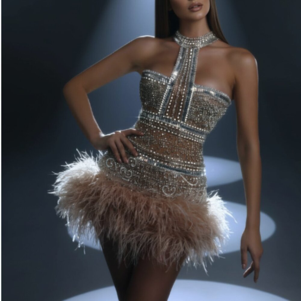 Glam Birthday Party Dress Crystal Feather Sequin Cocktail Mini